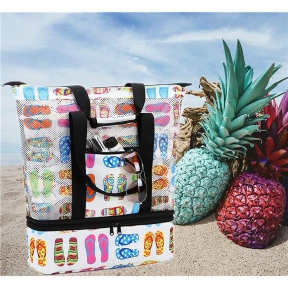 MESH Beach Tote Bag with Cooler Insulated Detachable Pool Bags White - Picture 4 of 6